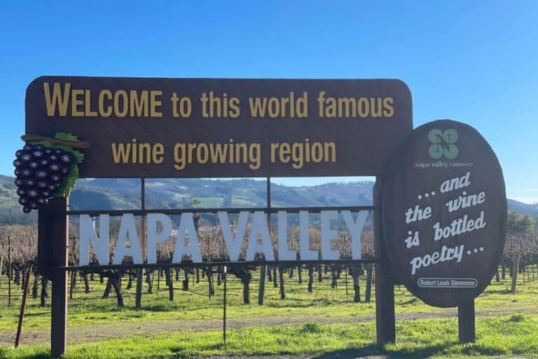 Iconic Napa Valley sign that reads "Welcome to this world famous wine growing region"