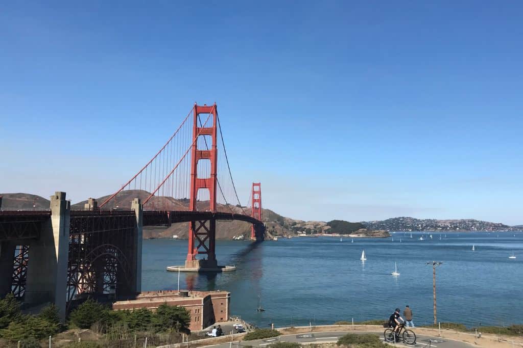 Picturesque view of the Golden Gate Bridge on a clear and sunny day
