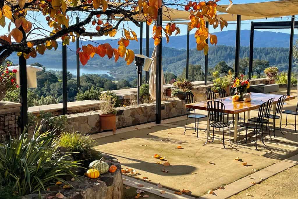 Breathtaking view of a moutain, lake, and vineyards from Amizetta Vineyards patio